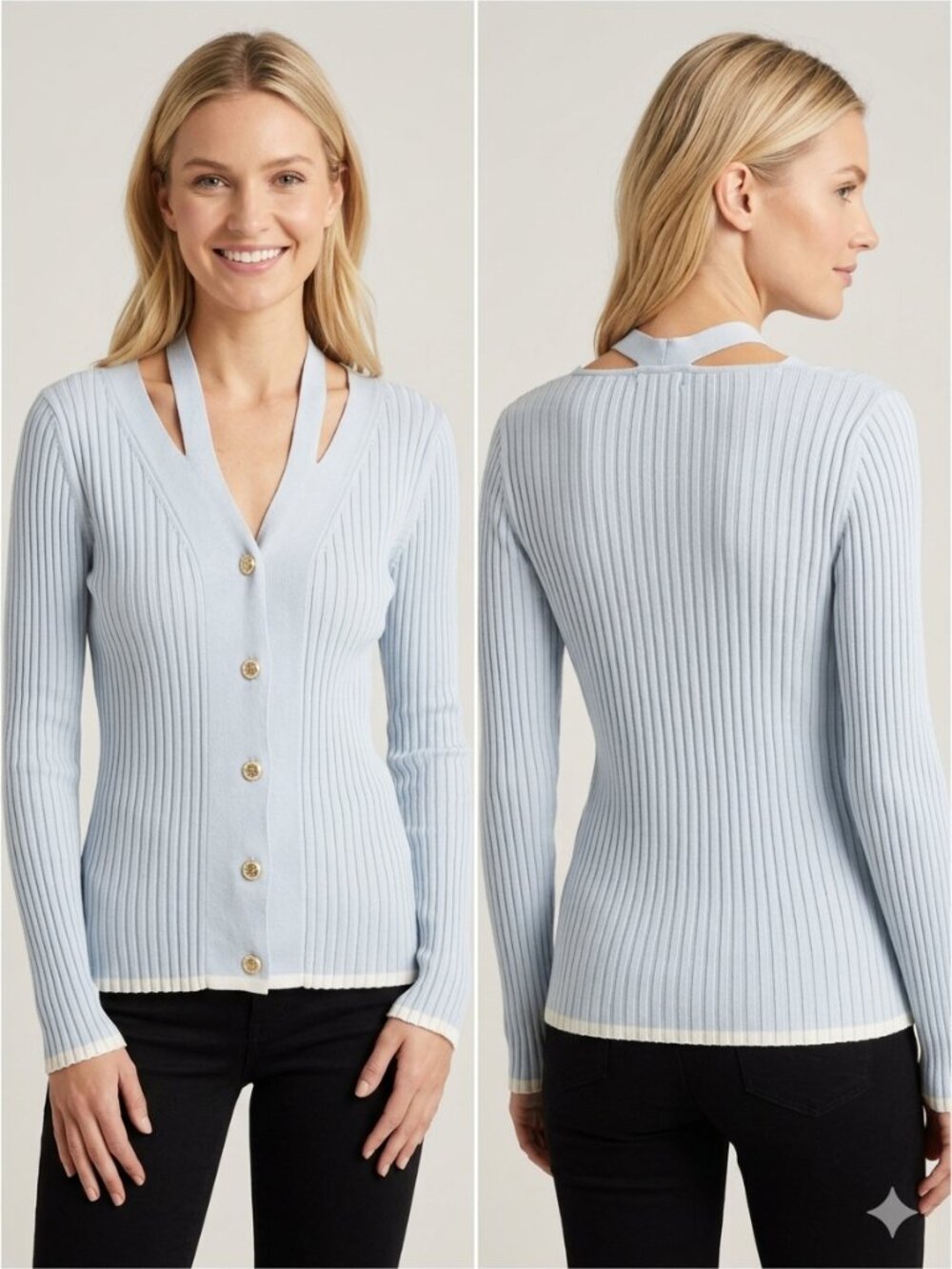 Rio & Rian Light Blue Ribbed Button Front Sweater XL Strappy Neckline Gold Butto